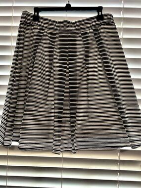 J. Crew Navy & White Striped Pleated Knee length Skirt. Zip Back Close
